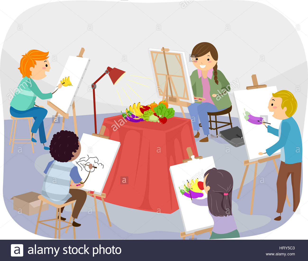 1300x1103 Illustration Of Teens Painting Fruits Inside A Studio Stock Photo - Cartoon People Painting