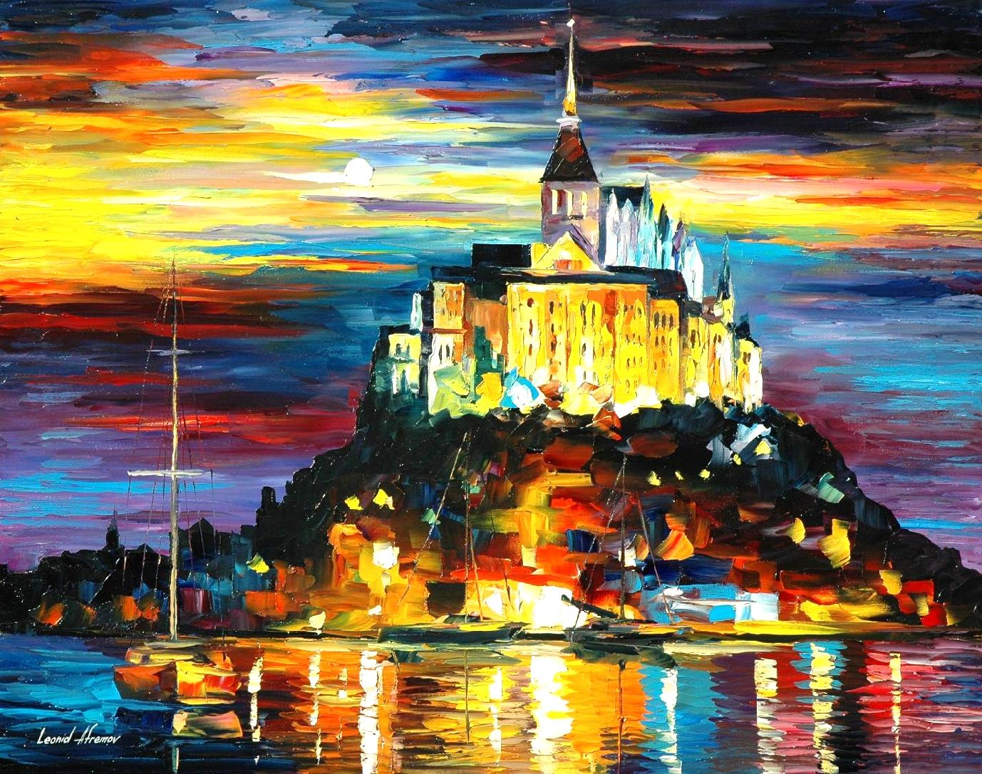 1378x1087 Castle Above The Harbor Palette Knife Oil Painting On Canvas By - Castle Oil Painting