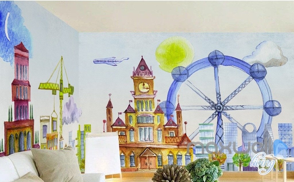 1024x636 Cartoon Hand Painted Castle Ferris Wheel Amusement Park Kids Room - Castle Painting For Kids