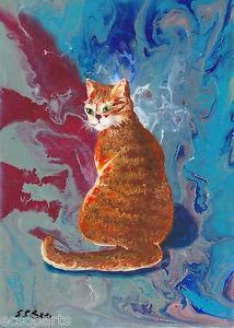214x300 Original Small Abstract Painting Of Cat Tigerlily, Ginger Cat - Cat Abstract Painting