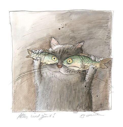 485x500 A De Peggy Kuchler Fish Eyes , Cute , Whimsical, Funny - Cat Cartoon Painting
