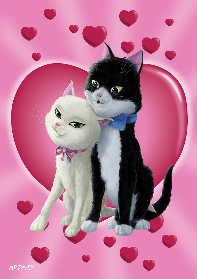 636x900 Romantic Cartoon Cats On Valentine Heart Digital Art By Martin Davey - Cat Cartoon Painting