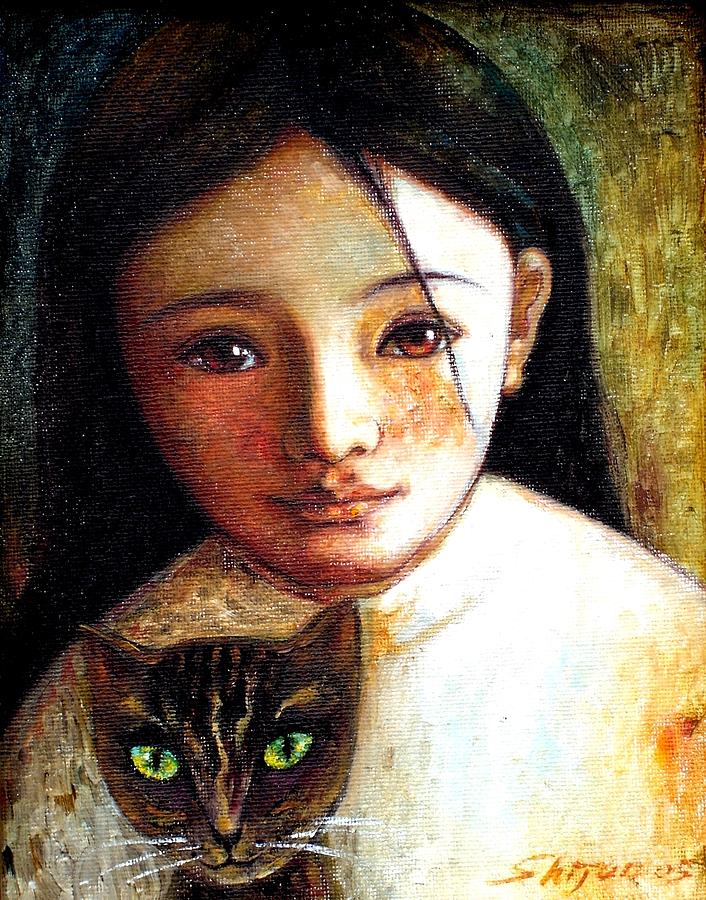 706x900 Girl With Cat Painting By Shijun Munns - Cat Girl Painting