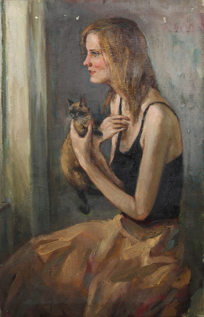 412x640 Marshall Goodman, Woman With Cat, Oil Painting - Cat Girl Painting