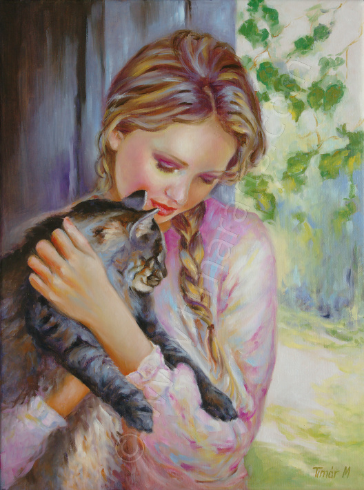 528x710 Monika Timar Oil Paintings Portraits Landscape Still Life Girl - Cat Girl Painting
