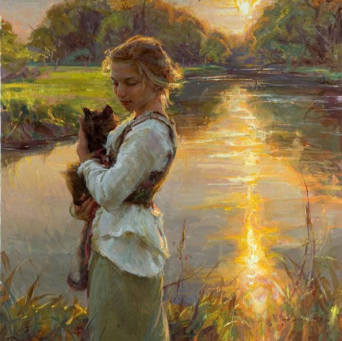 670x667 Woman With Cat Painting By Daniel Gerhartz Boy With A Hat - Cat Girl Painting