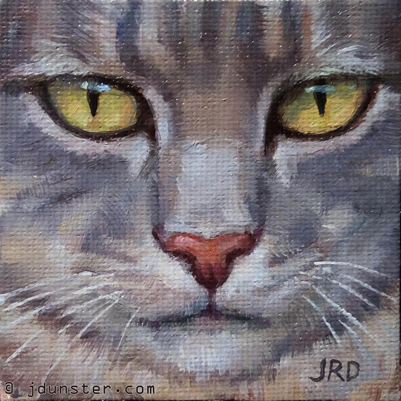 570x570 Mini 3x3 Cat Head Oil Painting So Seriously Grey Cat - Cat Head Painting