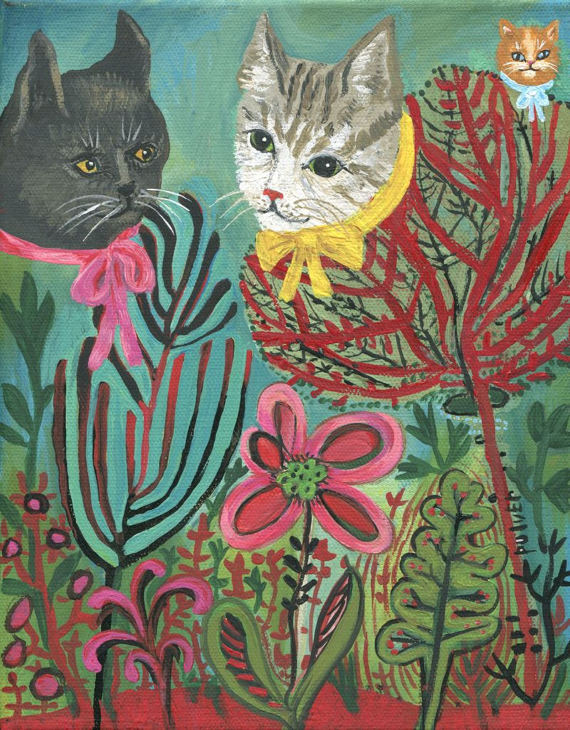 570x730 Original Botanical Cat Head Painting Abstract Cats Plants - Cat Head Painting