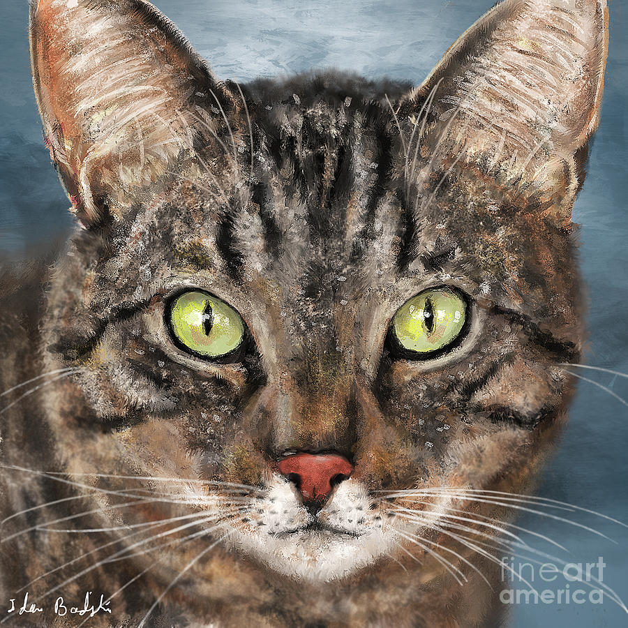 900x900 Painting Of A Gray Cat Head With Big Penetrating Green Eyes - Cat Head Painting