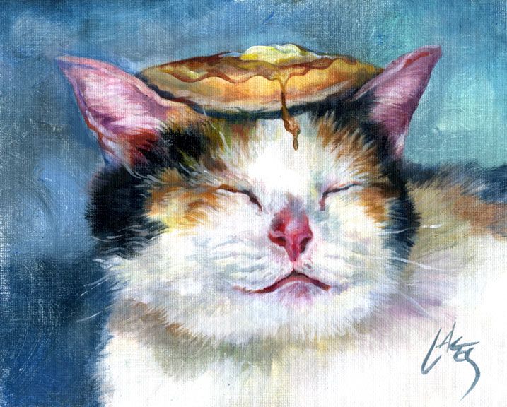 717x576 Paintings Of Cats With Pancakes On Their Heads, By Dan Lacey Great - Cat Head Painting