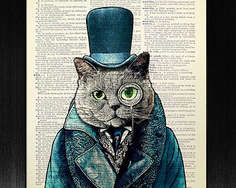 340x270 Tabby Cat Art Funny Cat Painting Red Hat Cat Wall Art - Cat In Suit Painting
