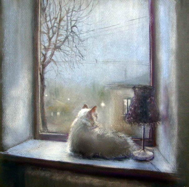 604x600 Cat In The Window Painting. Elena Yushina - Cat Looking Out Window Painting