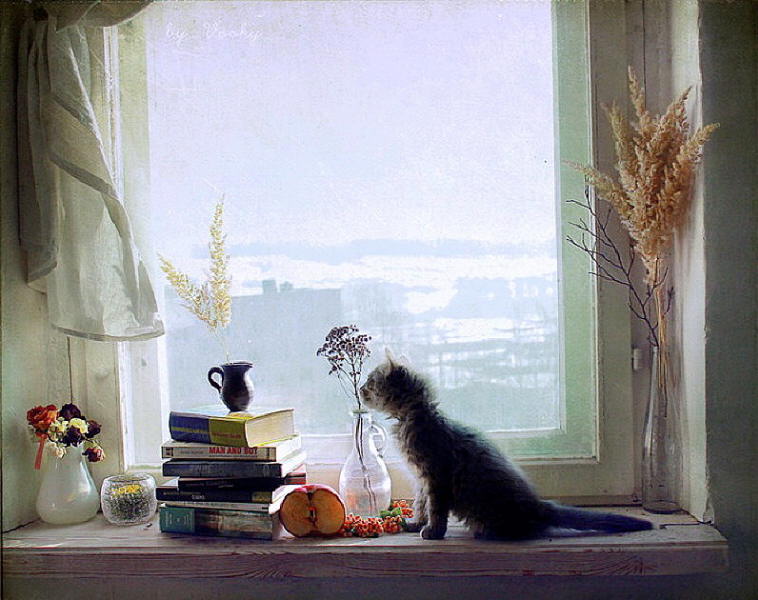 758x600 Cat In The Window Painting. Ljudmila Onischuk - Cat Looking Out Window Painting