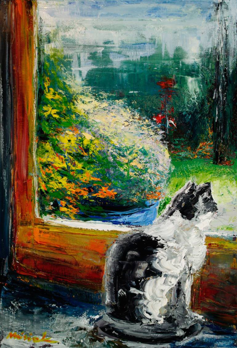 770x1129 Saatchi Art Cat Beside The Window Painting By Paulina Anna Misiak - Cat Looking Out Window Painting
