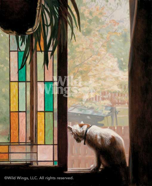 510x624 Summer Breeze Cat Painting By J. Aldrich Wild Wings - Cat Looking Out Window Painting