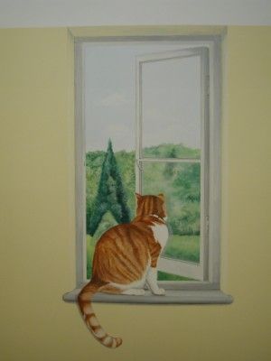 300x400 Trompe L'Oeil Mural Painting Of Cat Looking Out Of Window - Cat Looking Out Window Painting