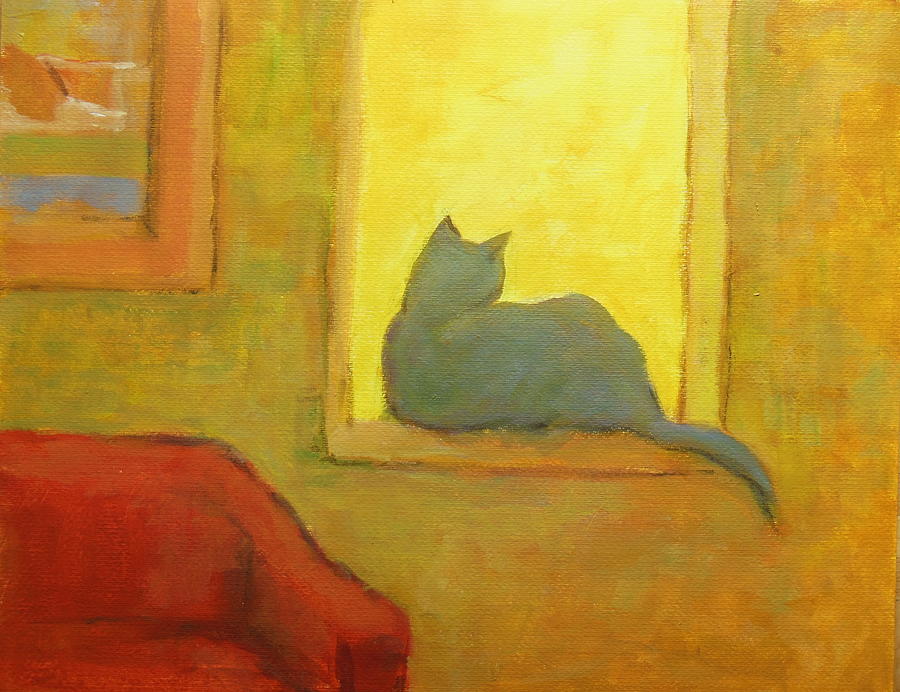 900x692 Blue Cat At The Window Painting By Alfons Niex - Cat Looking Out Window Painting
