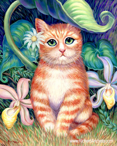 400x500 Flower Cat Oil Painting By Richard Ancheta - Cat Oil Painting
