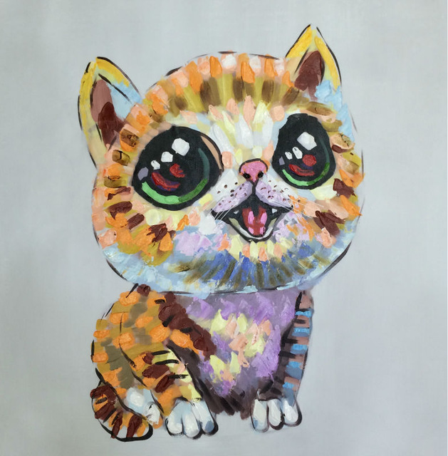 629x640 Hand Painted Abstract Cartoon Animal Oil Canvas Painting Color - Cat Oil Painting