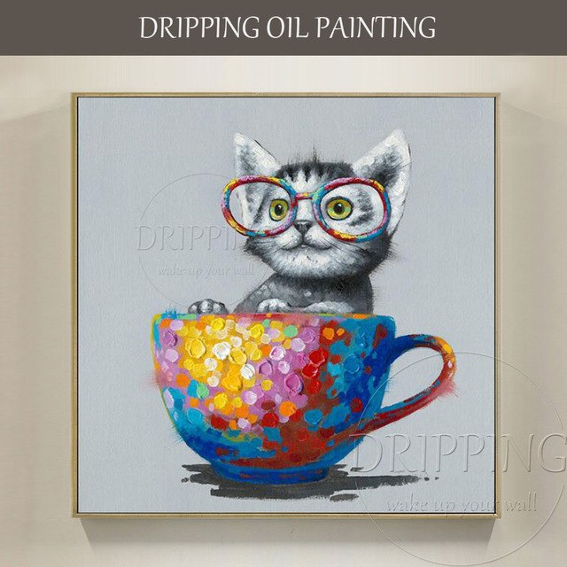 640x640 Funny Design Small Animal Cup Cat Oil Painting Artist Hand Painted - Cat Painting