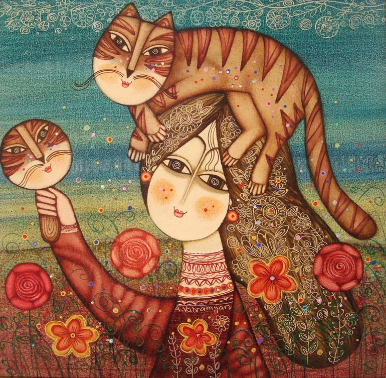 770x753 Saatchi Art Girl With Cat Painting By Narinart Armgallery - Cat Painting