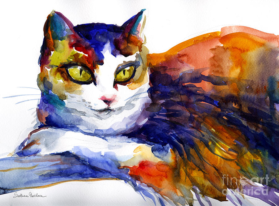 900x666 Colorful Watercolor Cat On A Tree Painting Painting By Svetlana - Cat Painting Colorful