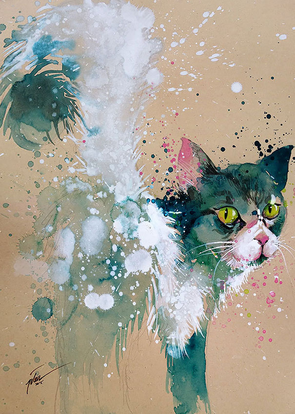 605x849 Splashed Watercolor Paintings By Tilen Ti Bored Panda - Cat Painting Colorful