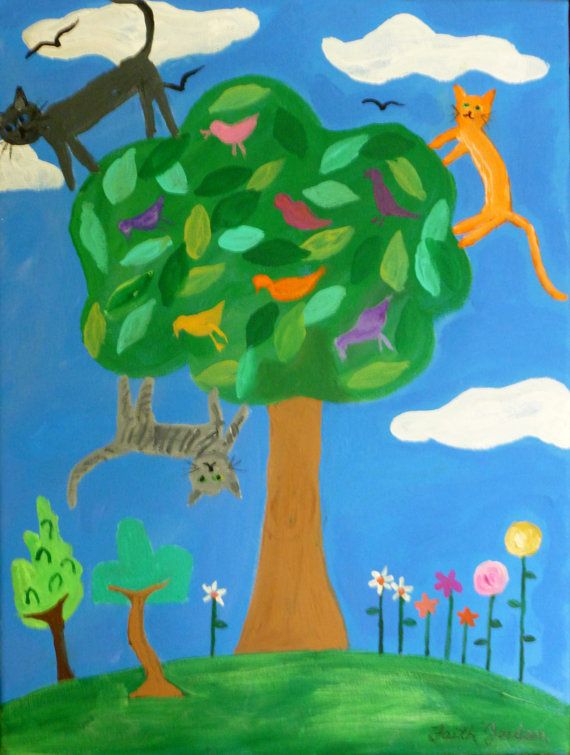 570x755 Kitties On The Hunt, Original Acrylic Painting, Cat Painting, Fun - Cat Painting For Kids