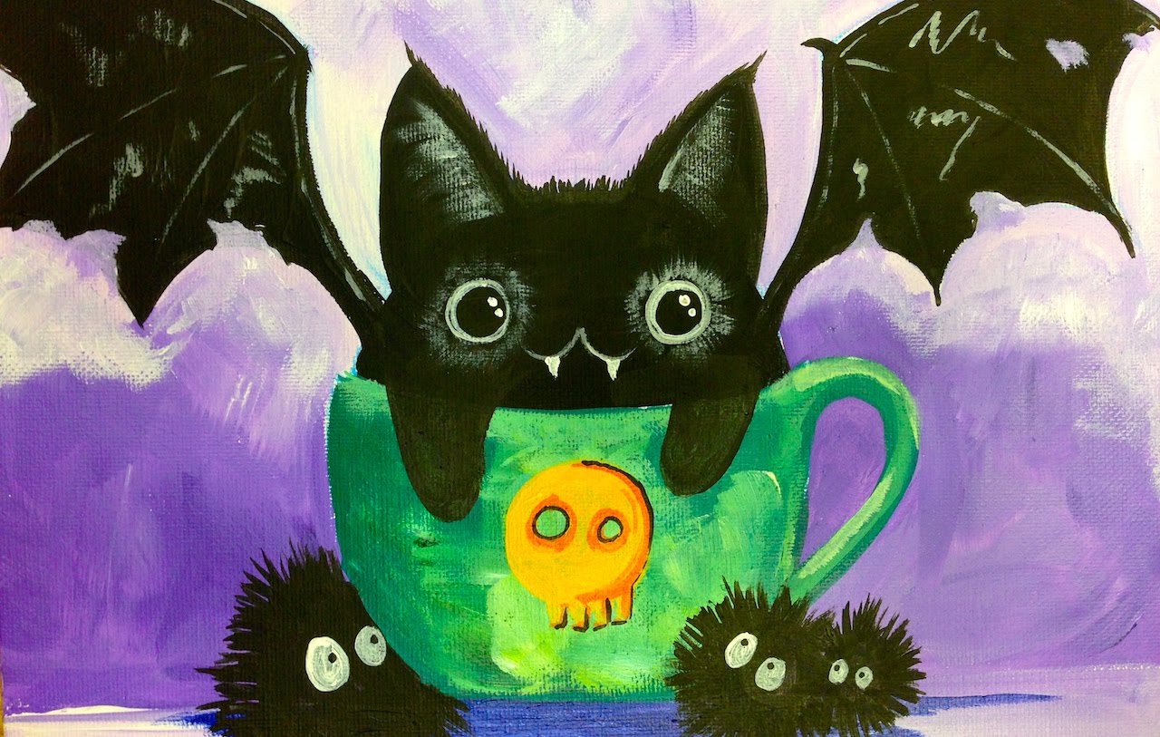 1280x813 Black Cat Bat Kawaii Easy Acrylic Painting The Art Sherpa - Cat Painting For Kids