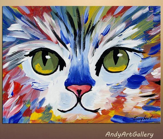 570x485 Original Abstract Cat Painting Acrylic On Canvas By Andyartgallery - Cat Painting Images