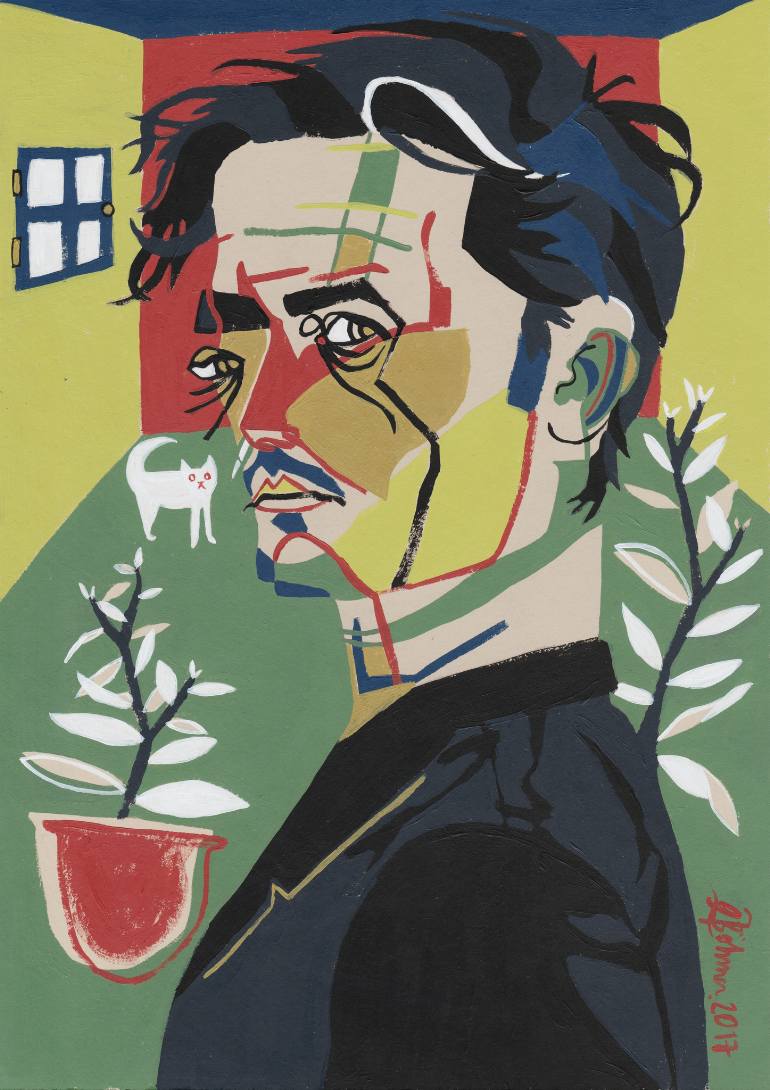 770x1090 Saatchi Art Self Portrait With Cat Painting By Gabriel - Cat Painting Self Portrait