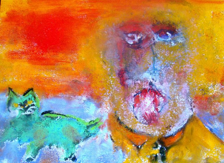 770x562 Saatchi Art Self Portrait With Green Cat Painting By George Vye - Cat Painting Self Portrait