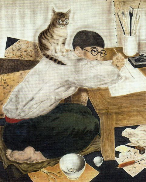 481x600 Artwork By Tsuguharu Foujita - Cat Painting Self Portrait