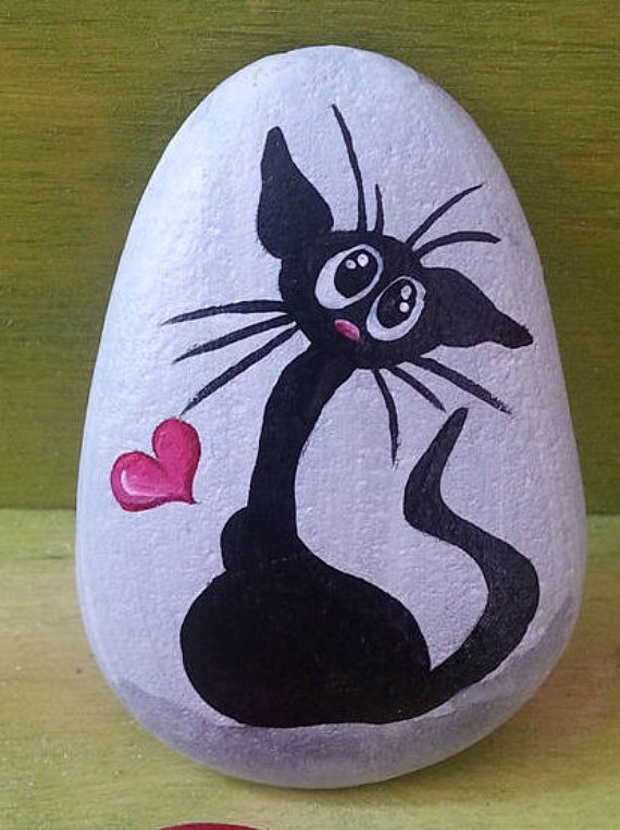 570x763 Hand Painted Cat Stone, Cute Black Cat Painting, Cat Paw Stone - Cat Paw Painting