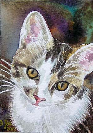 300x425 Cat In Watercolor, Kitten,cat Painting,and Blue Hydrangea Painting - Cat Watercolor Painting