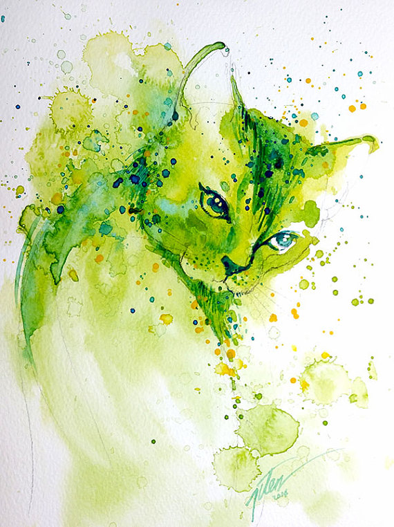 570x762 Green Cat Watercolor Painting A4 8.3 X 11.7 Inches Art - Cat Watercolor Painting