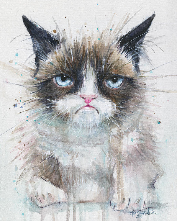 600x749 Grumpy Cat Watercolor Painting Poster By Olga Shvartsur - Cat Watercolor Painting