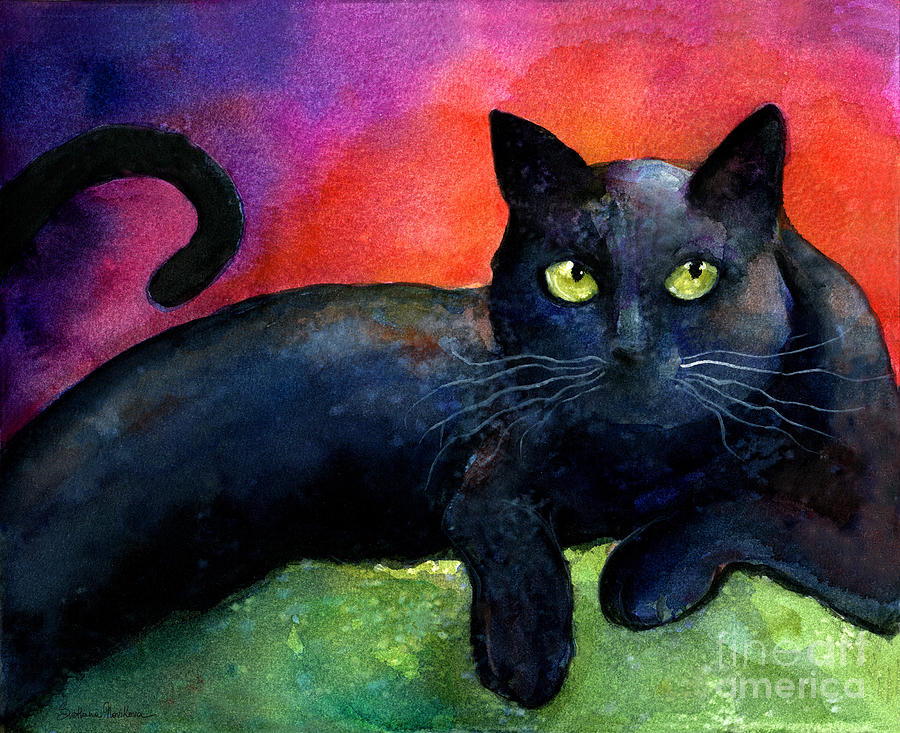 900x733 Vibrant Black Cat Watercolor Painting Painting By Svetlana Novikova - Cat Watercolor Painting