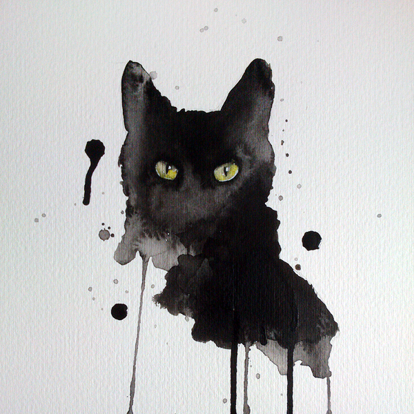 600x600 Black Cat Watercolor By Excentric - Cat Watercolor Painting