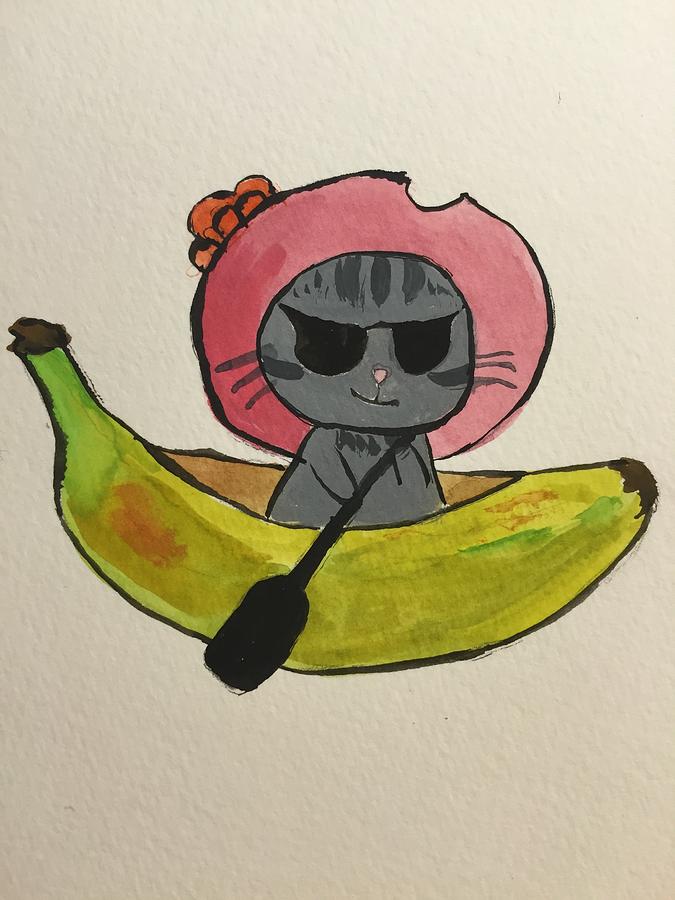 675x900 Banana Cat Painting By Jun Xing - Cat With Banana Painting