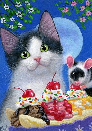 388x555 Kitten Cat Mouse Banana Split Ice Cream Sundae Original Aceo - Cat With Banana Painting