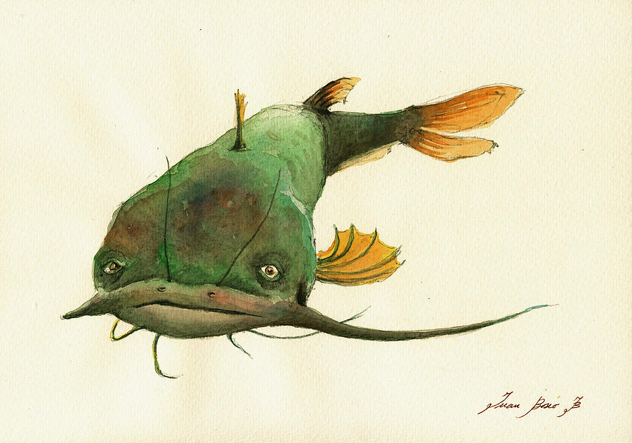 900x631 Channel Catfish Fish Animal Watercolor Painting Painting By Juan Bosco - Catfish Painting