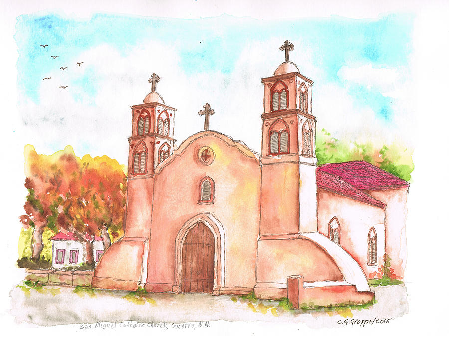 900x675 San Miguel Catholic Church, Socorro, New Mexico Painting By Carlos - Catholic Church Painting