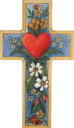 236x407 Cross With Heart Painted. Crosses Heart Painting - Catholic Cross Painting