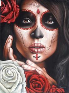221x300 Mexican Catrina Skull Girl Black Velvet Oil Painting Art No.1, 100 - Catrina Painting