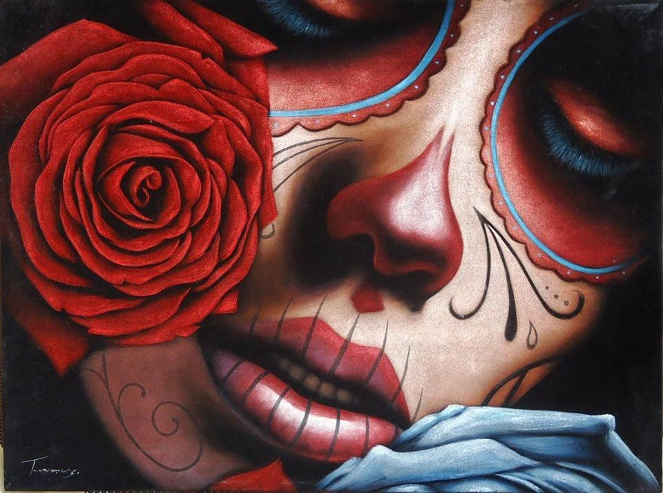 960x714 Mexican Catrina Skull Girl Black Velvet Oil Painting - Catrina Painting