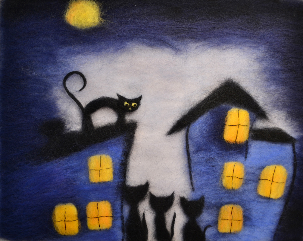 1006x803 Cats Under A Full Moon Wool Painting Wool Paintings By Oksana Ball - Cats Painting Pictures