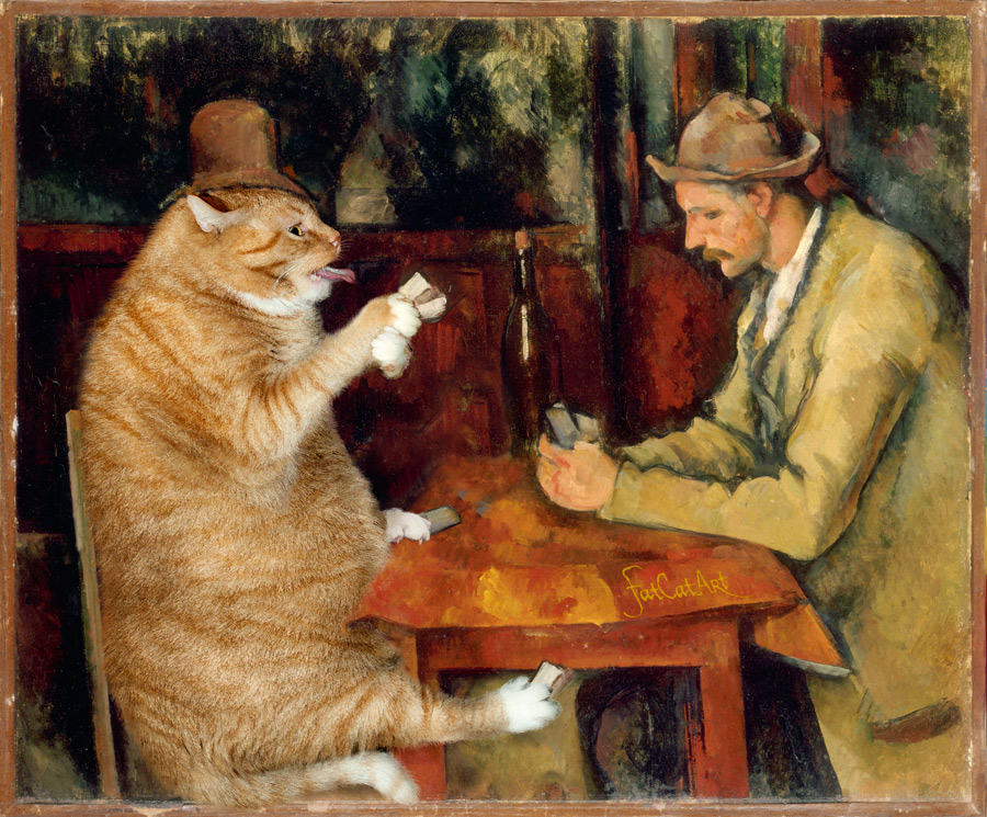 900x745 Fatcatart Great Artists' Mews A New Cezanne Painting - Cats Playing Cards Painting