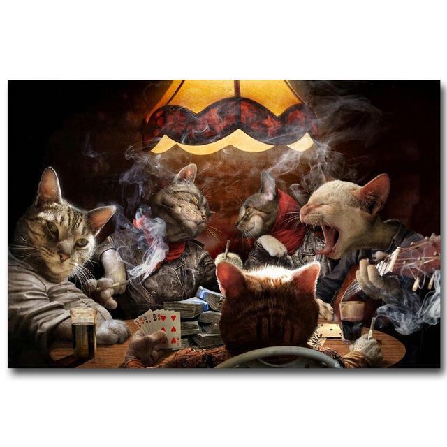 640x640 J1427 Cats Playing Poker Cards Funny Pop 14x21 24x36 Inches Silk - Cats Playing Cards Painting