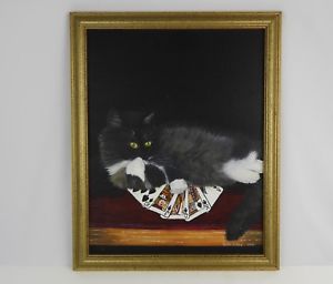 300x256 Original Art Oil Painting Cat Playing Poker Royal Flush Signed - Cats Playing Cards Painting